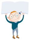 Smiling redhead school-boy holding above blank notebook Royalty Free Stock Photo