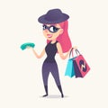 Smiling redhead spy female as mystery shopper in mask, black hat and dark suit, with purchases and money in hands.