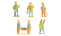 Smiling Repairman Cartoon Characters Set, Cheerful Construction Workers in Uniform and Hardhats with Professional
