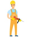 Smiling Builder Holding Drill, Repairman Vector