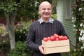 Smiling retired man standing with box of tomatoes