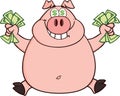 Smiling Rich Pig With Dollar Eyes And Cash Jumping