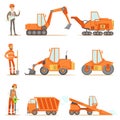 Smiling Road Construction And Repair Workers In Uniform And Heavy Trucks At Construction Site Set Of Cartoon