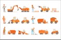 Smiling Road Construction And Repair Workers In Uniform And Heavy Trucks At Construction Site Set Of Cartoon