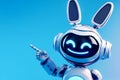 Smiling robot with bunny ears pointing to the side at blank copy-space on a bright blue background. Concept of