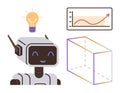 Cheerful Robot with Light Bulb, Chart, and 3D Cube Representing Innovation and Progress Royalty Free Stock Photo