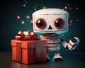 Smiling robot holding a present box with a red ribbon over a dark background.