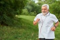 Smiling running old man in green city park. Royalty Free Stock Photo