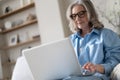 Smiling 50s mature woman sitting on sofa, using laptop, working, chatting, spending time in social media