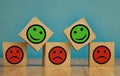 smiling and sad emoticons on a blue background. satisfaction concept Royalty Free Stock Photo