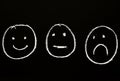 smiling and sad faces drawn on chalkboard.