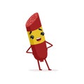 Smiling salami character with yellow brand label standing with arms akimbo. Flat vector design for food market or