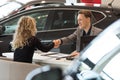 Smiling salesman doing handshake with female customer