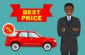 Car showroom. Big sale. Smiling manager sells new business class automobile. Detailed illustration of african american Royalty Free Stock Photo