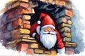 Watercolor painting of smiling Santa Claus santa claus in the chimney. Royalty Free Stock Photo