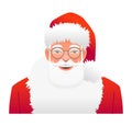 A smiling Santa Claus with glasses, a red hat, a gray beard, mustache and a red frock coat. Portrait of Santa Claus