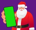 Smiling Santa Claus with glasses is standing with a smartphone in his hand. Cartoon Santa shows a close-up of a green phone screen