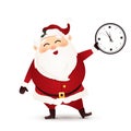 Smiling Santa Claus holding clock showing five minutes to midnight. Happy Santa Claus isolated on white background. Merry Christma