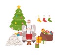 Smiling Santa Claus sitting in comfy armchair beside decorated Christmas tree and bag full of gifts and reading kids