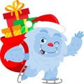 Smiling Santa Yeti Bigfoot Cartoon Character With Christmas Bag Waving