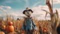 Smiling scarecrow decorates rural scene for spooky Halloween celebration generated by AI
