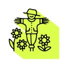 Smiling scarecrow with sunflowers flat line icon Royalty Free Stock Photo