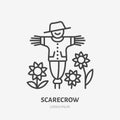 Smiling scarecrow with sunflowers flat line icon. Thin linear logo for farm, organic food store Royalty Free Stock Photo