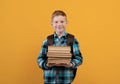 Smiling schoolboy with backpack holding heap of books Royalty Free Stock Photo
