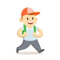 Smiling schoolboy with green backpack walking, cartoon character. Flat vector illustration, isolated on white background