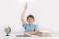 Smiling schoolboy raised his hand during the lesson. Excellent student knows the answer. Portrait of student at table next to Royalty Free Stock Photo