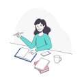 Smiling Schoolgirl Doing Homework Sitting at Desk Studying with Book and Copybook Vector Illustration