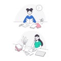 Smiling Schoolgirl Doing Homework Sitting at Desk Studying with Book and Copybook Vector Set.