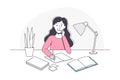 Smiling Schoolgirl Doing Homework Sitting at Desk Studying Writing in Copybook Vector Illustration