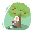 Smiling scientist Newton reading book under tree apple