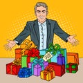 Smiling Seller with Gift Boxes. Seasonal Discount. Pop Art illustration