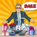 Smiling Seller with Household Appliances. Domestic Equipment Shopping. Pop Art illustration