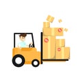 Smiling seller man in forklift truck