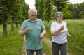 Smiling senior active couple in sportswear jogging together in green park Royalty Free Stock Photo