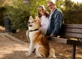 Smiling senior caucasian wife and husband in glasses with dog sitting on bench in park, outdoor Royalty Free Stock Photo