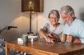 Smiling senior couple doing a jigsaw puzzle at home on wooden table. Vintage bicycle in the corner Royalty Free Stock Photo