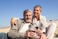 Smiling senior couple enjoying picnic at seashore Royalty Free Stock Photo