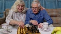 Smiling senior couple grandfather grandmother resting on sofa drinking coffee, playing chess at home Royalty Free Stock Photo