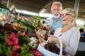 Smiling senior couple holding basket with vegetables at the market Royalty Free Stock Photo