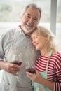 Smiling senior couple holding wine glass in kitchen Royalty Free Stock Photo