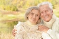 Smiling senior couple hugging in autumn park Royalty Free Stock Photo