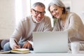 Smiling senior couple reading notification letter with good news from bank while sitting with laptop Royalty Free Stock Photo