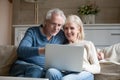 Happy aged couple relax on couch using laptop together Royalty Free Stock Photo