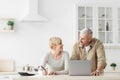 Smiling senior couple spouses use laptop, calculator, new technology paying banking bills online Royalty Free Stock Photo