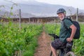 Smiling senior man enjoying healtlhy lifestyle riding in a vineyard with his bicycle. Elderly bearded man wearing sport helmet in Royalty Free Stock Photo