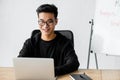 smiling seo manager in glasses sitting Royalty Free Stock Photo
